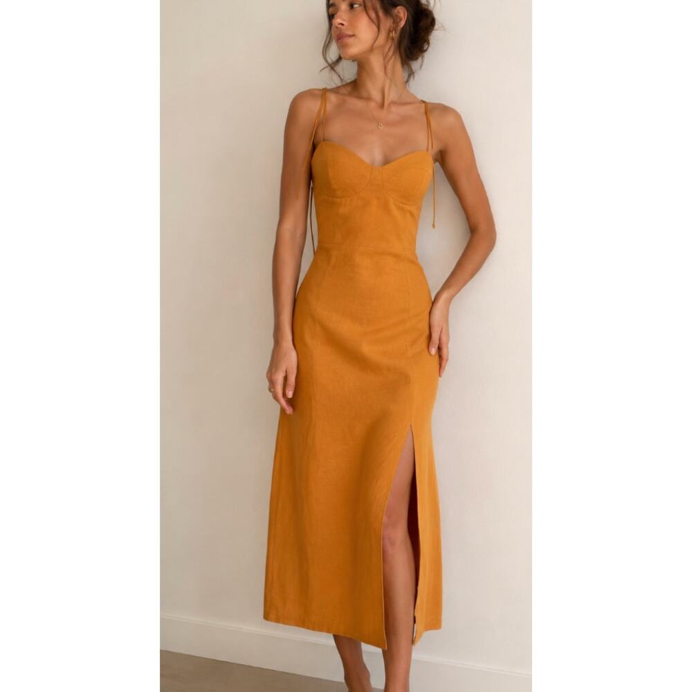 Reformation Nebraska Linen Sweetheart Midi Dress - Ochre